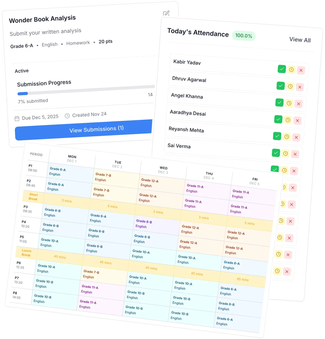 EduOps screens: a homework assignment's submission progress, today's attendance, and a weekly class timetable with breaks