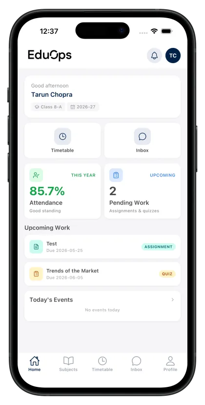 EduOps mobile app student home screen with attendance, pending assignments and quizzes